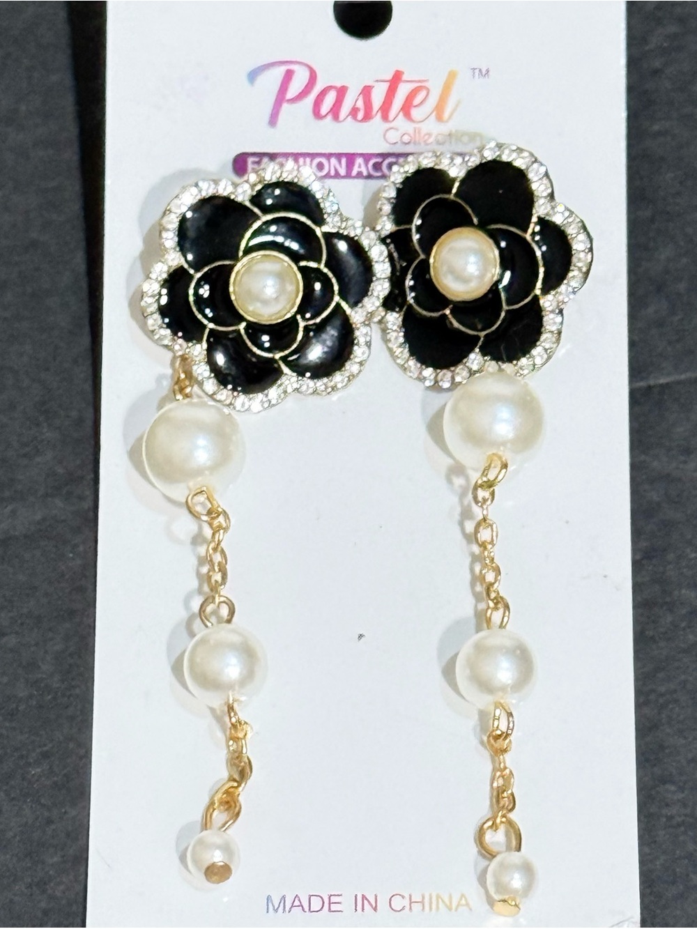 Pastel Collection Camellia Black Flower Removable Gold-tone Pearl Drop Earrings